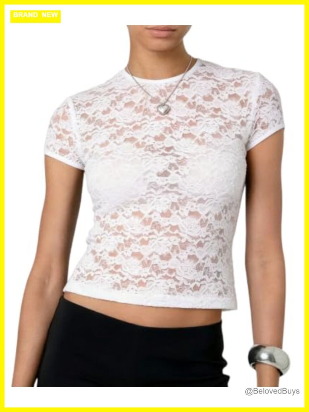 Sheer Lace Crop Top Short Sleeve Crew Neck Slim Fit Mesh Layering Top
